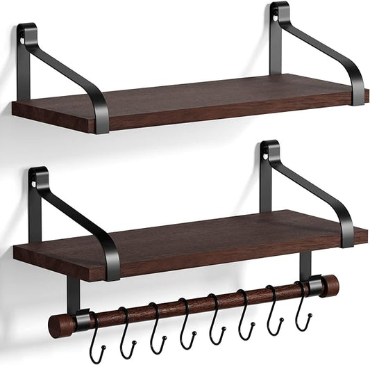 Love-KANKEI Floating Shelves for Coffee Bar, 17.3 Inch Bathroom Shelves Set of 2 with Wood Bar, 8 Hooks for Kitchen, Bedroom,Living Room, Dark Walnut