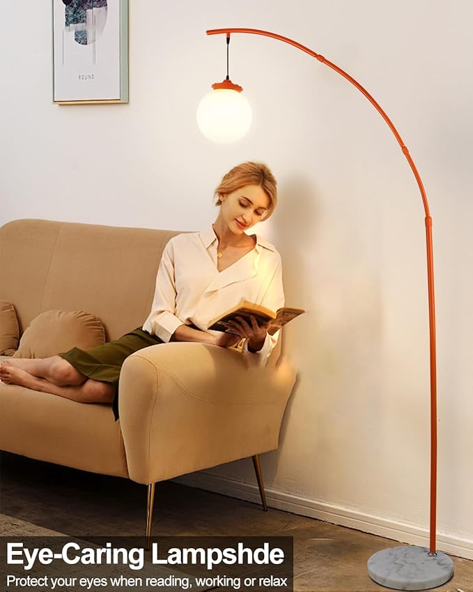 Lightdot Arc Floor Lamp for Living Room, 76Inch Tall Standing Lamp with Marble Base and Globe Bulbs Included, 3000K Warmwhite Modern Mid Century Floor Lamp for Bedroom & Home Office-Orange