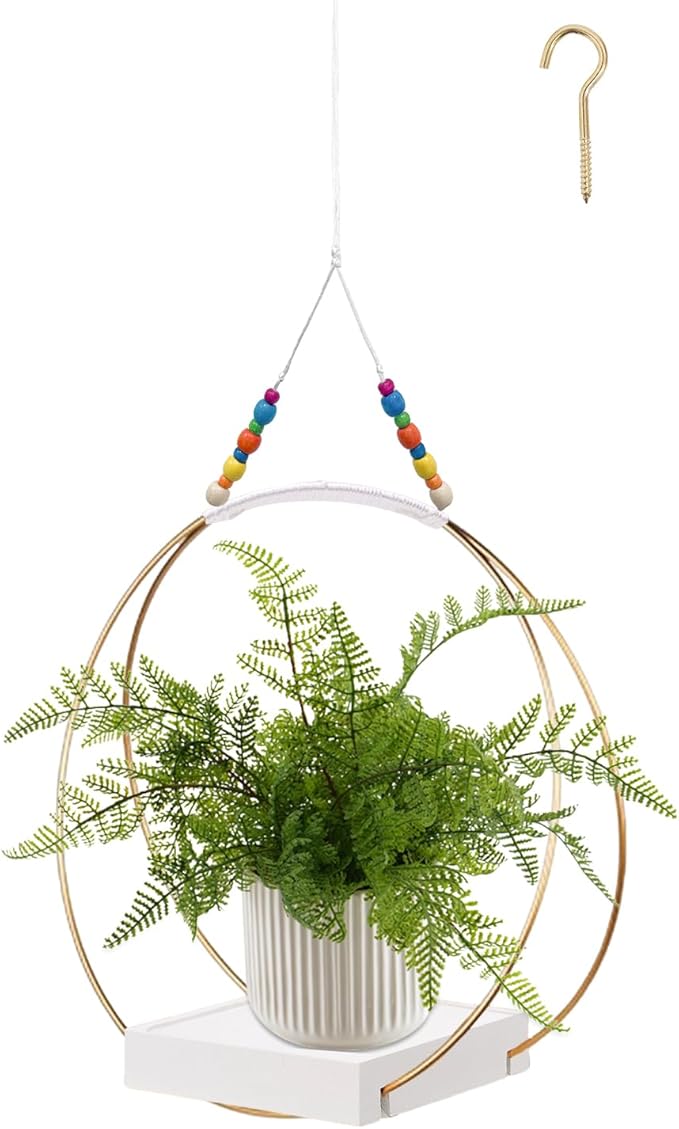 Hanging Planters for Indoor Plants,Plant Hanger with Sturdy Wood Base,Modern Boho Macrame Plant Hanger,Wall Ceiling Window Stands(Plants/Pots Not Included) (1 Pack/Gold+Macrame)