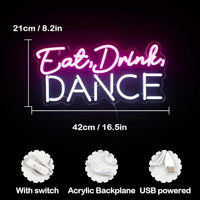LUCUNSTAR Eat Drink Dance Neon Sign, Purple with White Neon Word Sign, LED Sign for Wall Decor, Dance Studio, Bar, Party, 16.5 X 10.2 Inches
