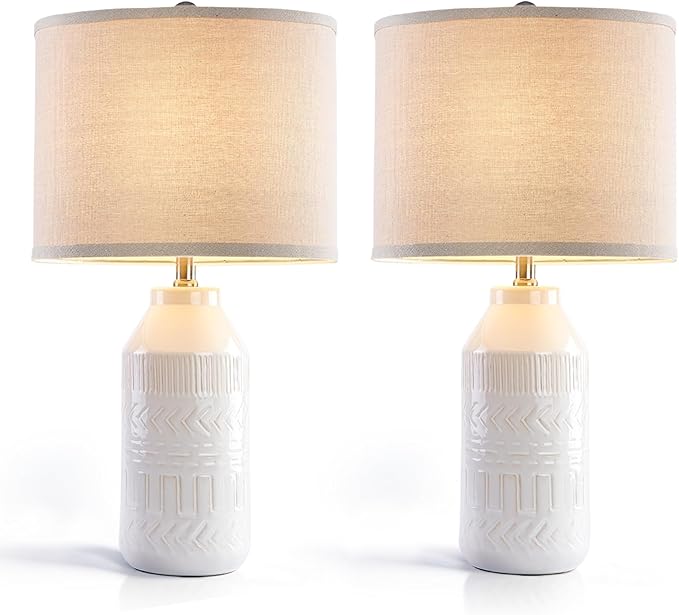 Maxax 24" Set of 2 White Table Lamps for Living Room, 3 Way Dimmable Farmhouse Ceramic Bedside Lamp for Bedroom End Table Lamps, ETL Listed