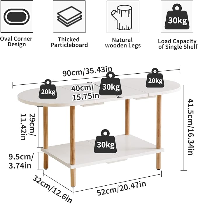 Oval Coffee Table White, Small Wooden Coffee Table for Small Space, Splicing Design 35 * 16 * 17in, 2 Tier Center Table for Living Room White YD-011W