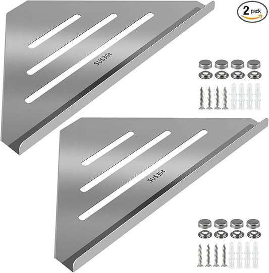2 Pcs 304 Stainless Steel Corner Shelf with Screws, Triangle Shower Caddy, Wall Mount Soap Holder for Bathroom, Kitchen Organization (Polished Silver)