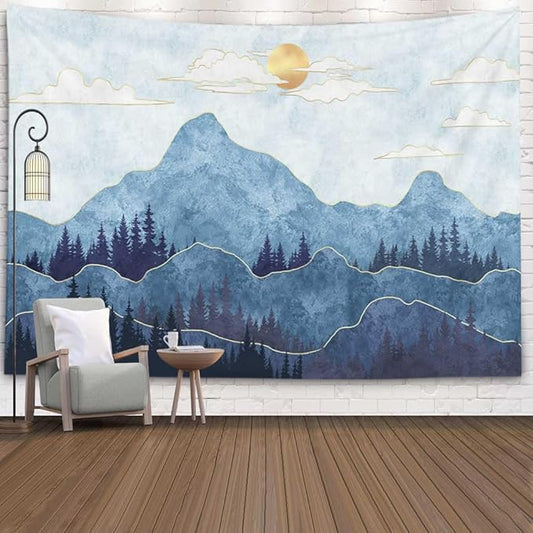 EMMTEEY Mountain Tapestry Wall Hanging Mountains Trees with Gold Sun Wall Hanging Tapestry 92.5X70.9 Large Wall Art for Bedroom Christmas Backdrop Home Wall Decor