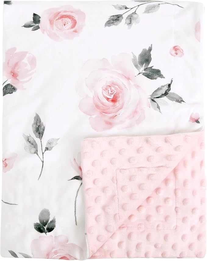Minky Baby Blanket for Girls, 40x50 Inches Soft Lightweight Micro Fleece Baby Blanket with Double Layer, Dotted Backing, Breathable Receiving Blanket for Newborns, Floral Flowers