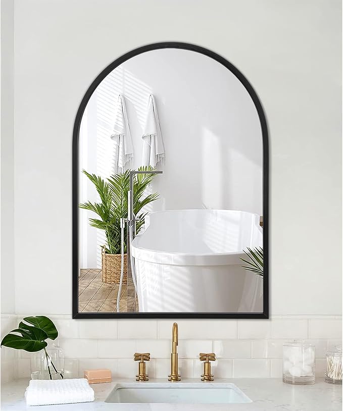 Arch Wall Mirror Bathroom Mirror Black Metal Framed Mirror, Arched Wall Mounted Vanity Mirror for Bedroom Entryway Living Room 26"x18"