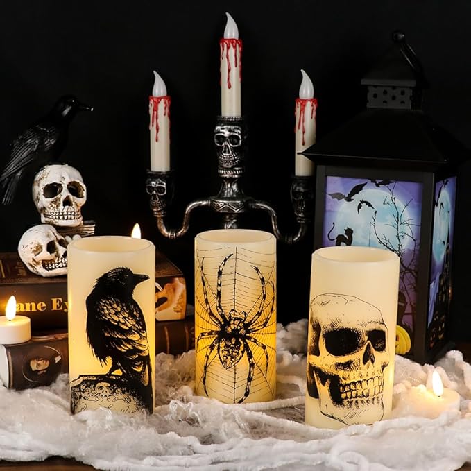 Eldnacele Halloween Flickering Candles with Skull, Spider Web, Crow Raven Decals Set of 3, Battery Operated Halloween Themed LED Candles Horror Spooky Decoration