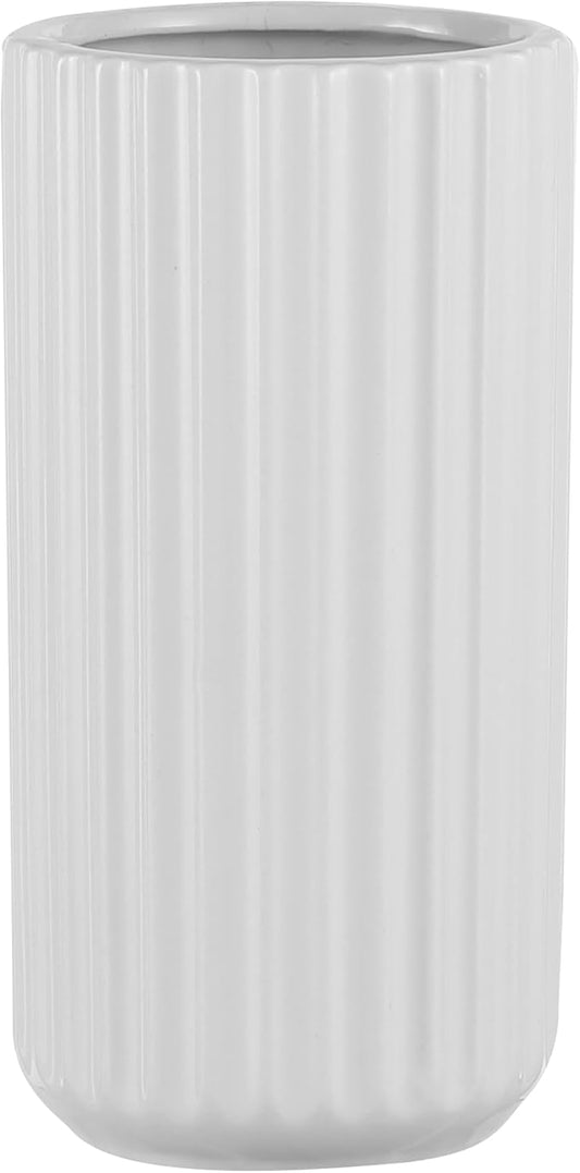 White Ceramic Vase for Flowers, Modern White Vase for Home Decor, Tall Ribbed Vase for Living Room, Office, Mantel, Bookshelf, Dining Table, 8 inches
