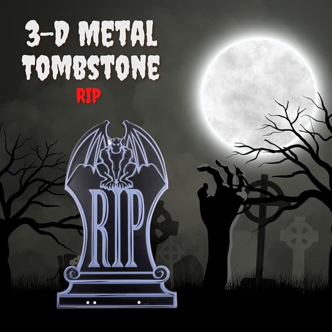 3-D Metal Halloween Ghost Cemetery XL 17" Tombstone w Stakes -RIP- Durable, Rustproof, UV Raised Printing-Upgrade Your Haunted House Mansion w Cemetary Lawn Decor-No More Flimsy Foam Graveyards