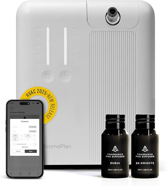 AromaPlan 2025 Waterless HVAC Scent Diffuser Whole House & Commercial Diffuser, 2 Fragrances Included-Smart, Cold-Air Waterless Scent Air- App Control, AC, 2000 Sq. Ft Coverage,White