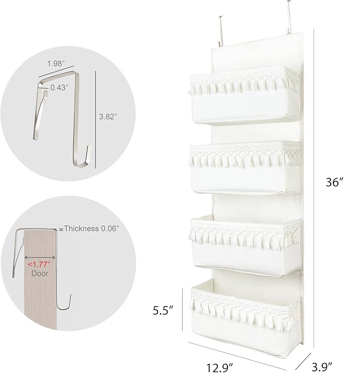 Dahey Over The Door Organizer with 4 Pockets and Macrame Decorative Cotton Rope Storage Basket Boho Nursery Decor for Bathroom, Bedroom, Dorm
