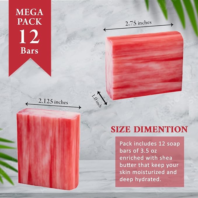 Melon Strawberry Scented Natural Soap Bars (12 Bars), 3.5oz Moisturizing French Triple Milled Soap Bars Enriched with Shea Butter - Pure Plant Oil Bath & Body Soap Bars