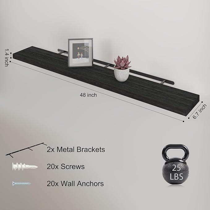 Floating Shelves 48 Inch Wall Shelf Solid Wood Mounted Storage for Bedroom Living Room Set of 2, Black Wall Shelves