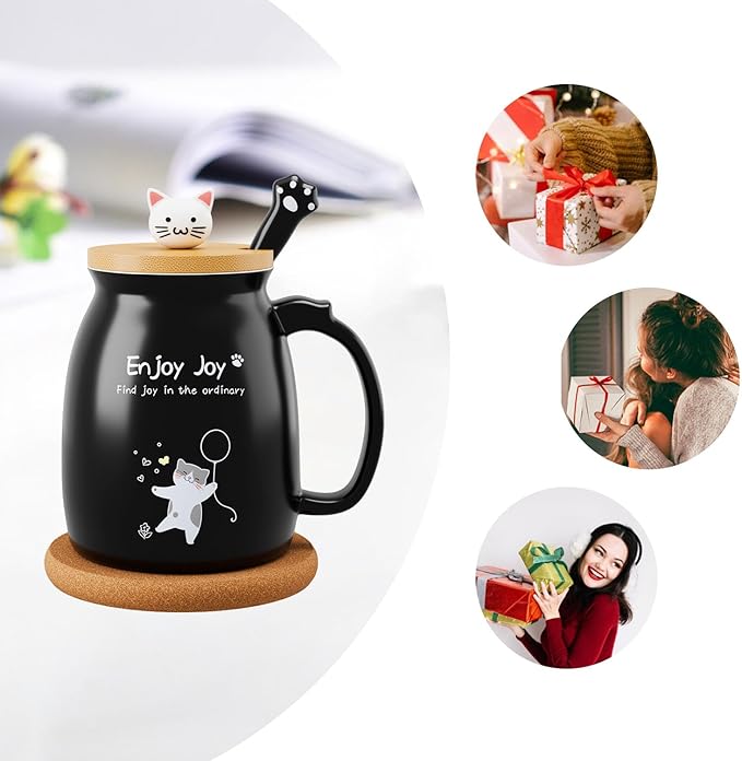 Cute Cat Cup Ceramic Coffee Mug with Kawaii Cat Wooden Lid, Lovely Stainless Steel Spoon, Anime Kitty Thicken Wooden Coaster, Men Women Christmas Birthday Cute Thing Japanese Mug 16oz (BLack)