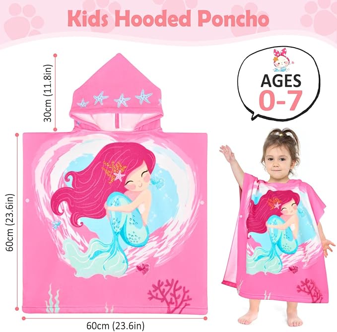 HUANLANG Kids Hooded Beach Towel for Boys Girls,Bath Pool Beach Poncho Towels Super Soft & Absorbent Cotton Towel Childrens Mermaid Beach Towels for Toddler 0-7 Years Old
