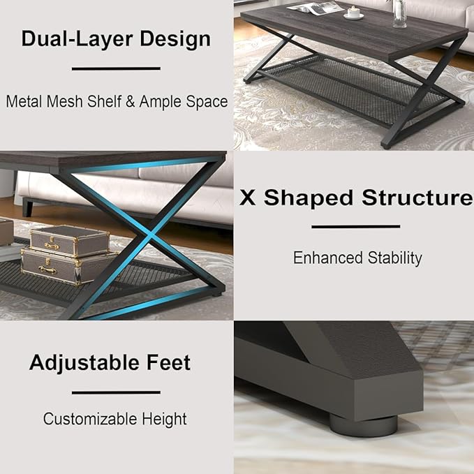 LVB Industrial Grey Coffee Table, Wood Metal 2 Tier Center Table with Storage, Rectangular Low Cocktail Table for Living Room, Farmhouse Concrete Tables for Home Office Bedroom, Dark Gray Oak, 47 Inch