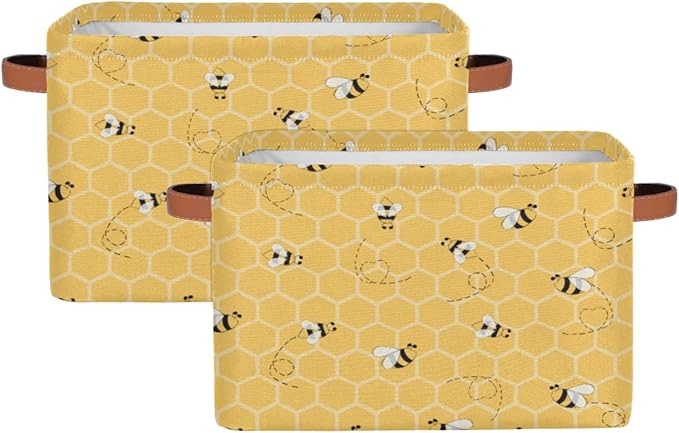 Honeycomb Bee Storage Basket Collapsible Storage Bin Large Fabric Storage Boxes Organizer with Leather Handles for Clothes Toys Books Kitchen Laundry 1Pc
