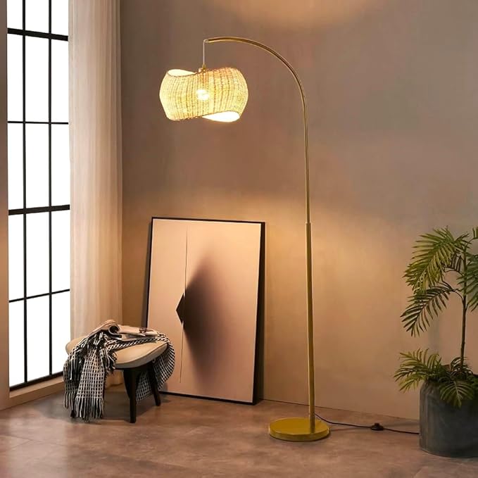 Brightech Wave Arched Floor Lamp – Unique Hanging Wicker Shade for Living Rooms – Rattan Style Matches Boho and Other Décor – Arcs Over Sofas and Dining Tables for Compliments - Brass