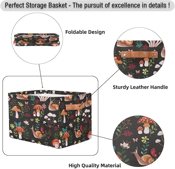 Mushroom with Snails Storage Basket Collapsible Rectangular Storage Bin Large Fabric Storage Boxes Organizer 1Pc with Leather Handles for Clothes Toys Books Kitchen Laundry