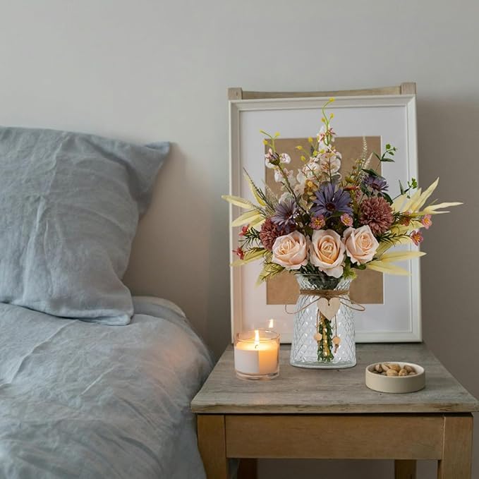 Silk Flowers with Vase, Artificial Rose Flowers Arrangement with Glass Vase Faux Rose for Decoration Table Centerpiece (Rose Champagne)