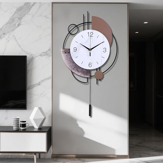 Wall Clock, Silent Non-Ticking Quality Quartz Battery Operated with Pendulum, Large Wall Clock for Living Room Kitchen Home Bathroom Bedroom Wall Decor, 13x21.65inch(Brown)