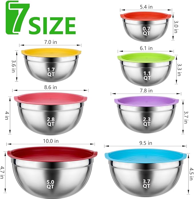 Mixing Bowls with Lids for Kitchen - 26 PCS Stainless Steel Nesting Colorful Mixing Bowls Set for Baking,Mixing,Serving & Prepping,Size 5, 3.7, 2.8, 2.3, 1.7, 1.1, 0.7QT,12 Cooking Utensils