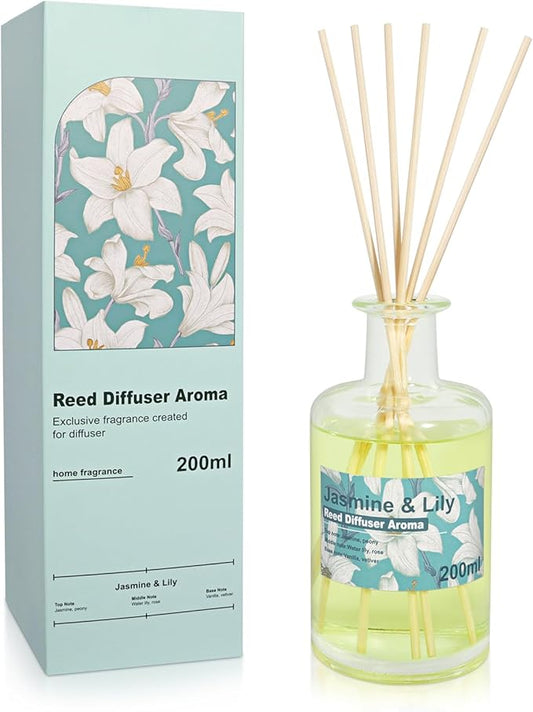 Reed Diffuser Set - 200ml Jamine & Lily Essential Oil Set Includes Rattan Sticks, 6.8fl oz Flower Aroma, Large Glass Bottle, Bathroom Air Freshener, Home Fragrance for Shelf Room Decor