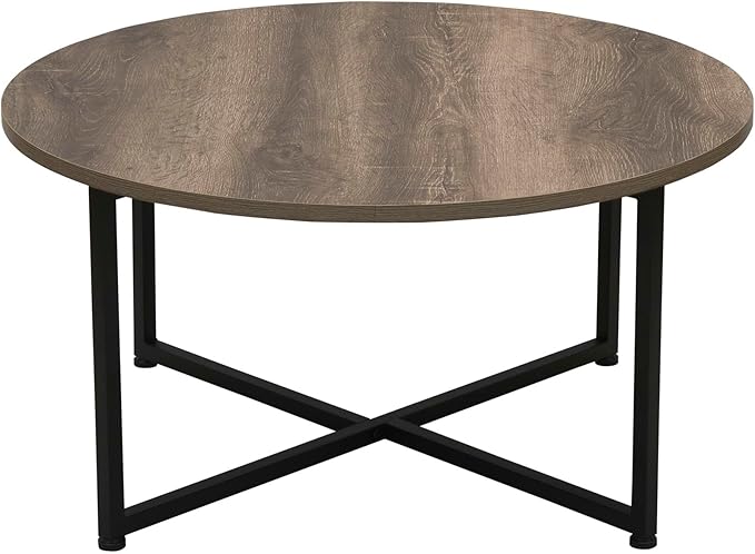 Household Essentials Jamestown Round Coffee Table Ashwood Rustic Wood Grain and Black Metal 31.5 x 31.5, Taupe