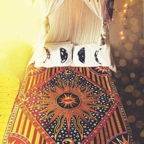 Hippie Mandala Sun and Moon Maditation Poster Wall Hanging Tapestry For Bedroom Indian Golden Burning Sun Stars Psychedelic Popular Mystic Beach Blanket 54 x 60 Inch