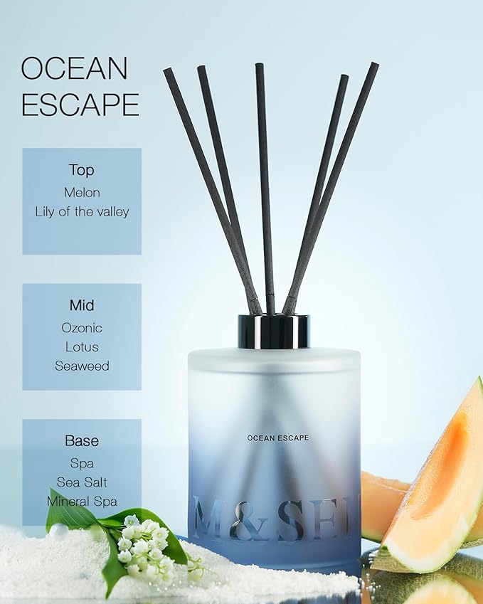M&SENSE Ocean Escape Reed Diffuser Set - 16.9 fl oz Seasalt & Lotus Scent Diffuser with Sticks, Large Long-Lasting Fragrance Diffuser, Aromatherapy Diffuser Gift for Mothers Day, Spa & Home Decor