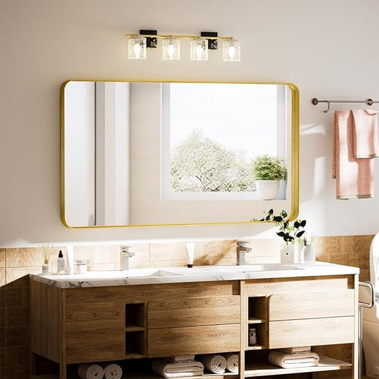 Koonmi Gold Bathroom Mirror for Wall, 30x40 Inch Matte Metal Deep Framed Rounded Corner Wall Mirror, Shatterproof Tempered Glass for Farmhouse Bedroom Entryway, Vertically or Horizontally
