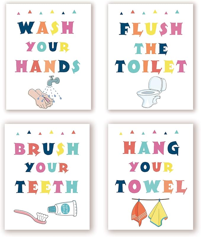 InSimSea Wall Art Prints Poster Funny Bathroom Signs Prints, Bathroom Quotes and Sayings Art Pictures Artwork, Kids Aesthetic Room Wall Decor, set of 4, 8x10 inch, Unframed