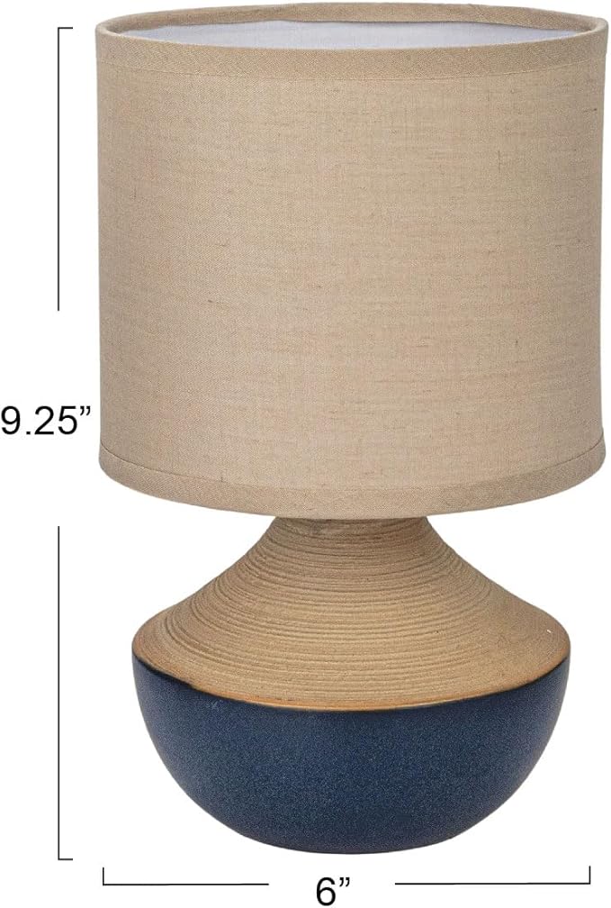 Creative Co-Op Stoneware Portable Table Lamp with Linen Shade, Black and Natural