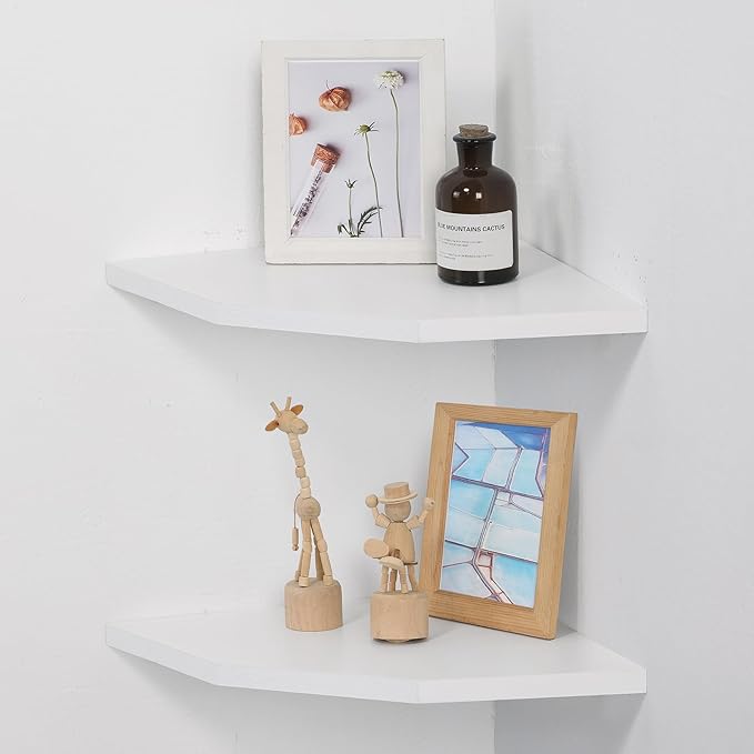 Corner Wall Shelves Set of 2, Rustic Wood Corner Floating Shelves with Cable Raceway, Wall Mount Storage Display for TV Accessories, Baby Monitor, Speaker, Cable Box (White, Diamond- 12 Inch)
