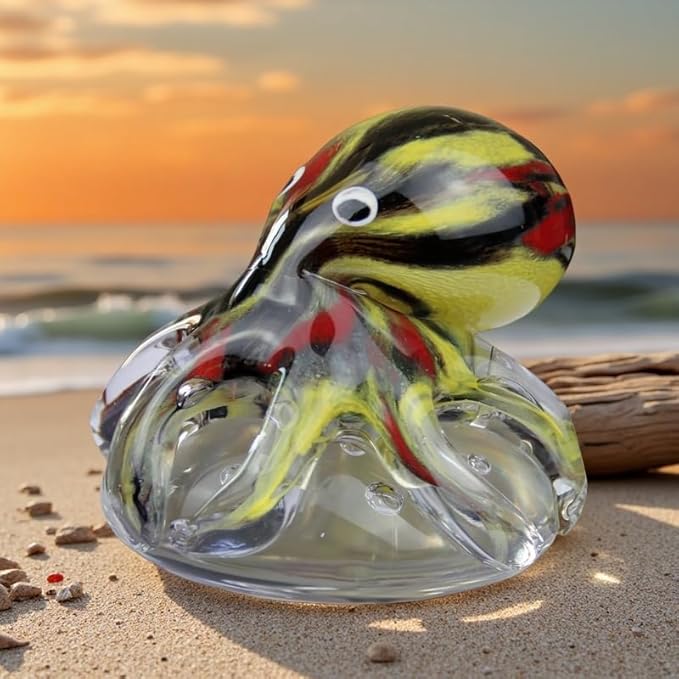 Hand Blown Glass Octopus Figurine with Iridescent Tentacles & Polished Crystal Base, Sea Life Figurines for Decorating Fish Tank Aquariums, Glass Paperweight (Black)