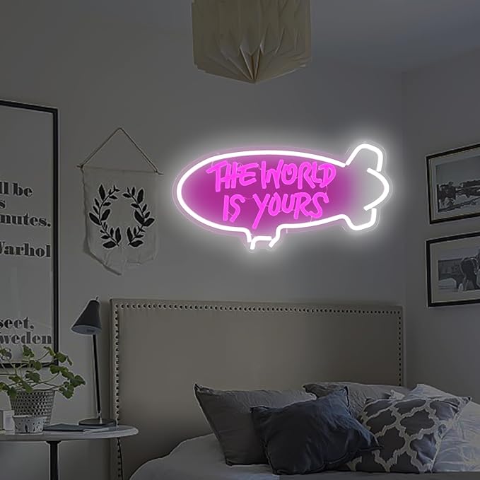 The World Is Yours Neon Signs for Wall Decor Dimmable Airship Led Neon Signs Light Up Signs for Bedroom Wedding Neon Lights Signs for Valentines Day Bar Club Decor Birthday Party Gift
