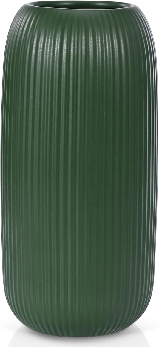 Green Ceramic Vase for Flowers, 8 INCH Modern Small Ribbed Textured Green Flower Vase for Home Decor, Pampas Grass, Decorative, Farmhouse, Coffee Table, Bookshelf and Home Living