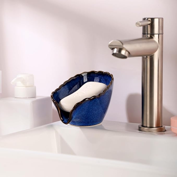 VanEnjoy Dish Washing Soap Holder Blue Ceramic Dish for Soap, Self Draining Soap Holder, Bar Soap Holder Leaf Shape for Bathroom, Kitchen