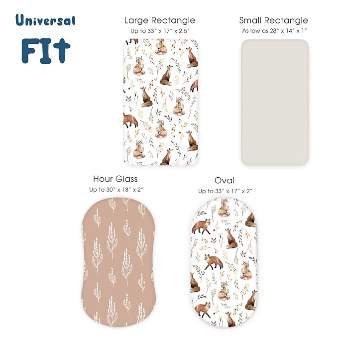 GRSSDER Stretchy Ultra Soft Fitted Bassinet Sheet Set 3 Pack, Universal Fit for Bassinets Baby Cradle Moses Basket Oval Rectangle Mattress, Pretty Fox for Baby Girls