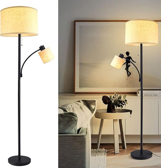 DLLT Living Room Standing Floor Lamps for Reading, Modern Tall Pole Lamp for Contemporary Home with Adjustable Side Light, Mid-Century Industrial Lighting with Drum Shade for Bedroom, Office, Metal