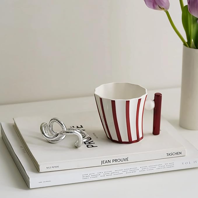Coffee Mugs Set of 4, Christmas Handmade Aesthetic Coffee Mugs Tea Cups for Office and Home, Artsy Ceramic Coffee Mugs for Women Men, Red & White Mugs, 12 Oz