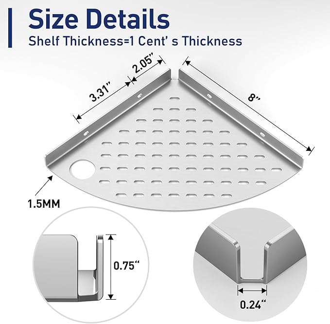 2 Pack Corner Shower Shelves 304 Stainless Steel Corner Shower Shelf 8in shower shelf Drilling Installation (One Brushed Nickel)