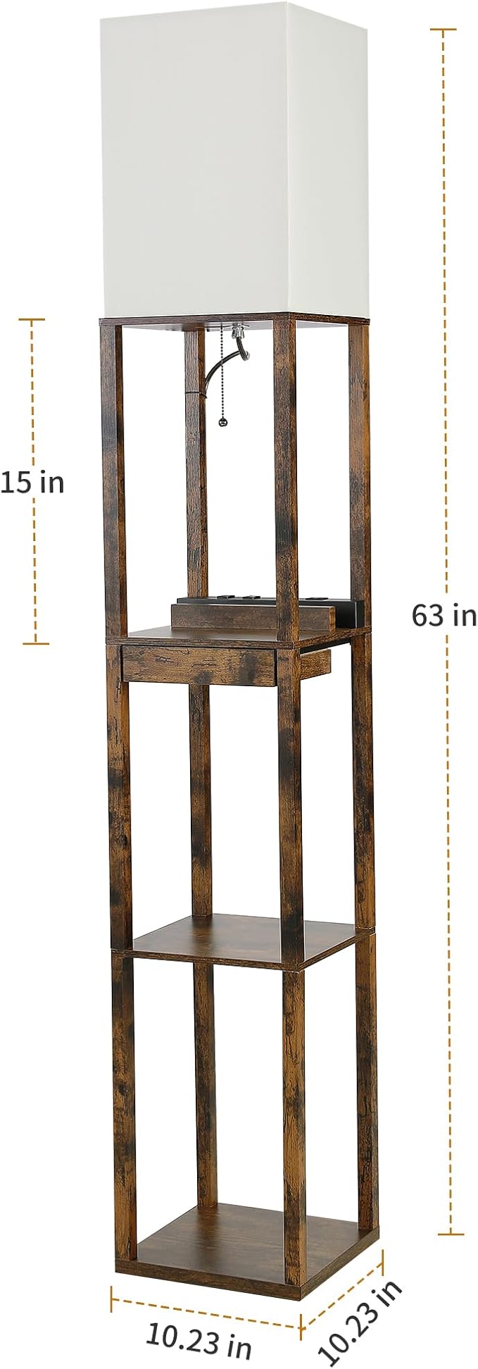 SUNMORY Floor Lamp with Shelves, Modern Dimmable Standing Lamp with Drawer & 2 USB Ports & 2 Power Outlet, Corner Tall Shelf Lamp for Living Room and Bedroom (Rustic Browm)
