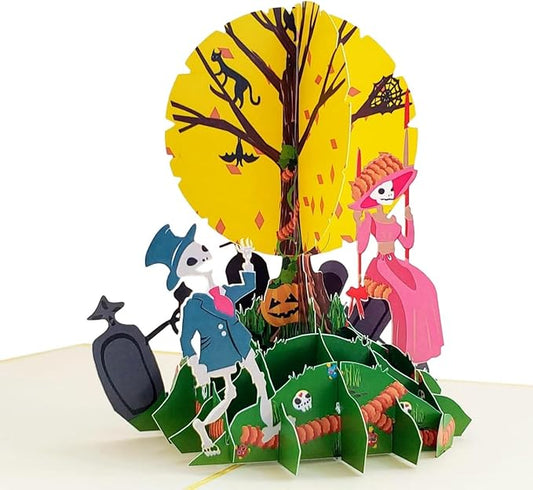 iGifts And Cards Día de los Muertos Pop-Up Card – 3D Skeleton Couple Under Full Moon – Handmade Greeting for Day of the Dead, Halloween, Altar Offering, or Remembrance