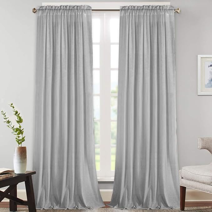 PrinceDeco Linen Burlap Curtains 108" Long for Windows, Rod Pocket Light Filtering Linen Blend Window Treatments for Bedroom/Living Room, W52 x L108, Set of 2, Dove Grey