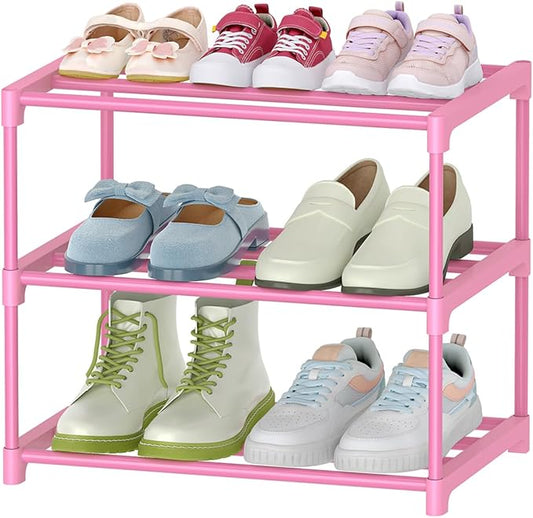 3-Tier Free Standing Shoe Racks for 5-7 Pairs Shoe Storage,Kids Shoe Racks for Small Place, Lightweight Stackable Shoe Shelf Organizer for Entryway, Doorway and Closet,Pink