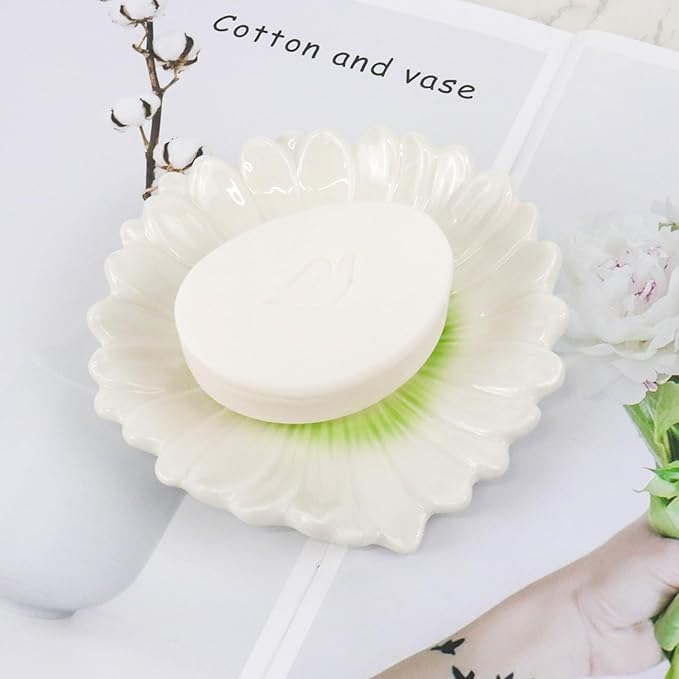 Self Draining Soap Dish Inspired by Daisy Flower Ceramic Waterfall Soap Dish Soap Savers for Bathroom,Shower,Bar Counter