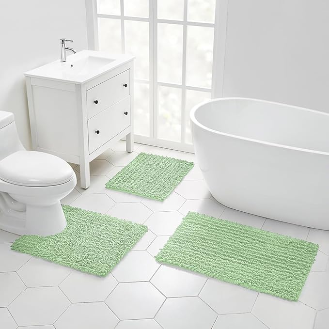 Walensee Large Bathroom Rug Non Slip Bath Mat (24x60 Inch Sage Green) Water Absorbent Super Soft Shaggy Chenille Machine Washable Dry Extra Thick Perfect Absorbant Best Plush Carpet for Shower Floor