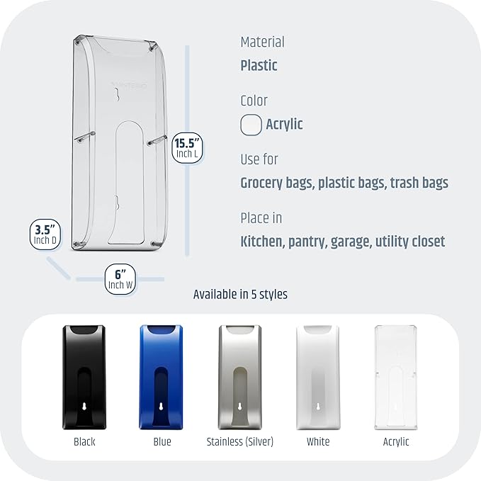 Plastic Bag Holder | Durable Acrylic Wall Mount Kitchen Grocery Bag Storage Organizer | Smudge Proof, Fingerprint Resistant | Acrylic