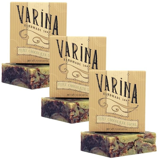 Varina Organic Mint Chocolate Swirl Bar Soap - Gentle Cleansing for Sensitive Skin, Herbal and Mint - 3 Pack - Experience Healthy and Glowing Skin